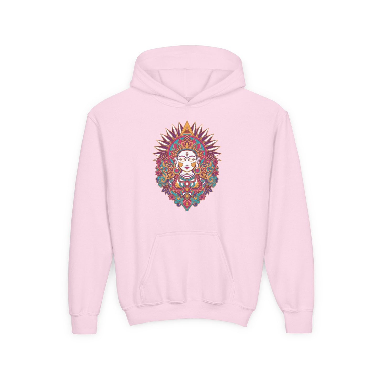 Youth Hoodie with Colorful Sugar Skull Goddess Design — Day of the Dead Kids Pullover
