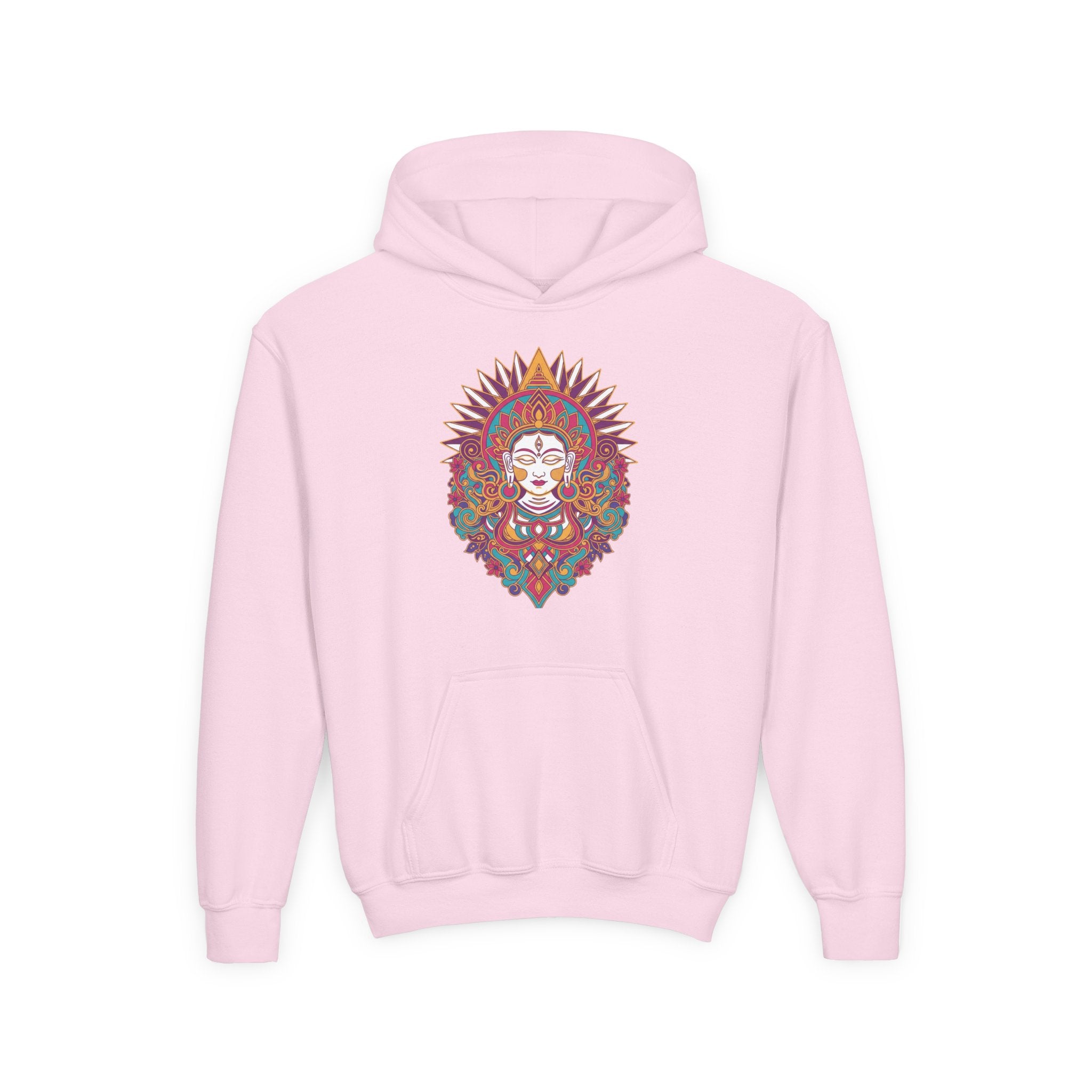 Youth Hoodie with Colorful Sugar Skull Goddess Design — Day of the Dead Kids Pullover