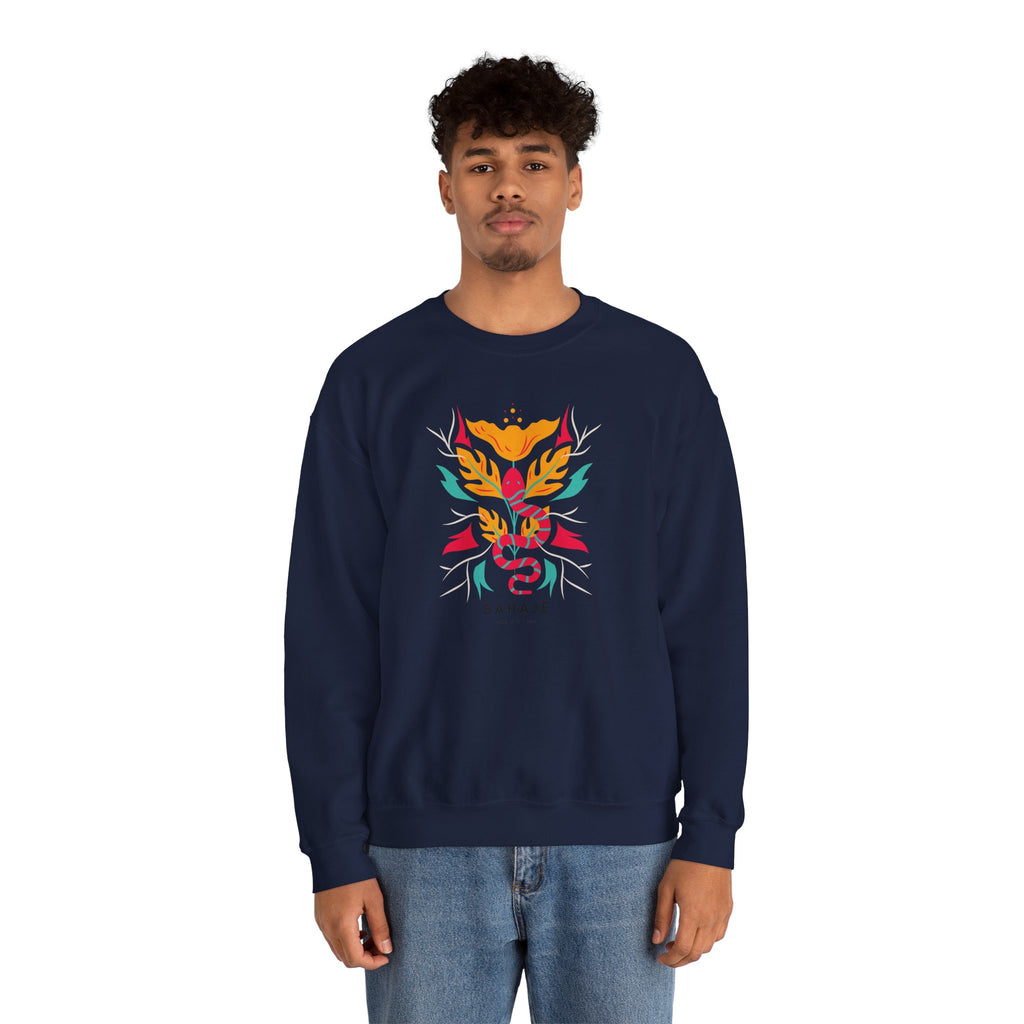 Sahajé Floral Snake Crewneck Sweatshirt — Colorful Botanical Serpent Graphic