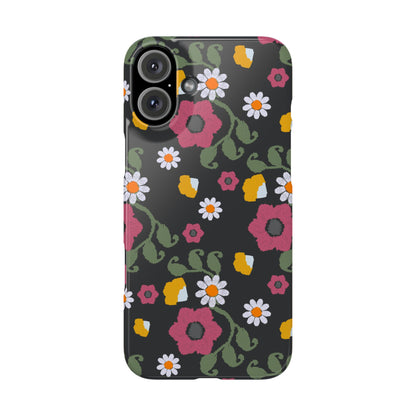 Floral Slim Phone Case, Black Flower Phone Cover, Stylish Phone Accessory, Gift for Her, Trendy Floral Case