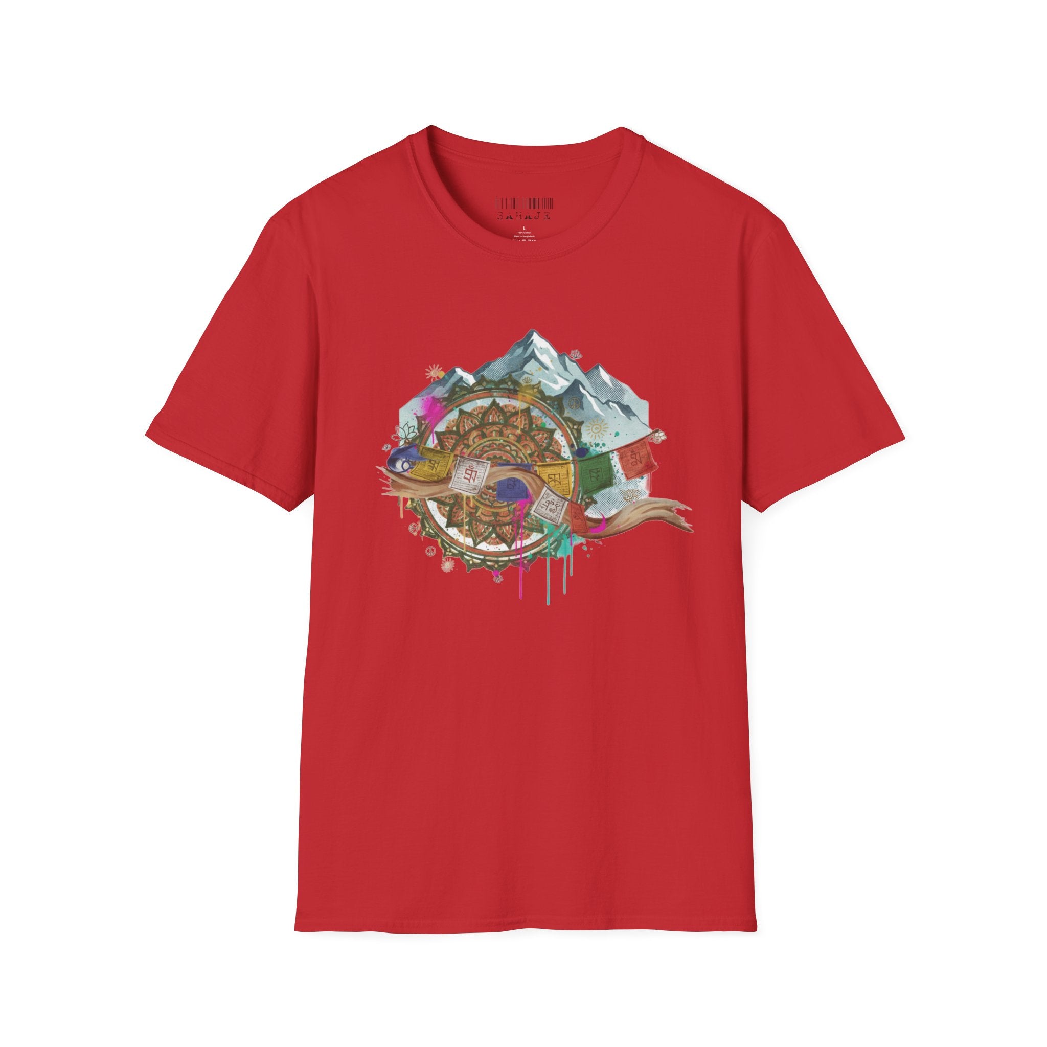 Adventure Compass T-Shirt — Mountain Compass with Prayer Flags & Colorful Globe