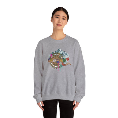 Adventure Mountain Crewneck Sweatshirt — Colorful Hiking Compass & Peaks Design