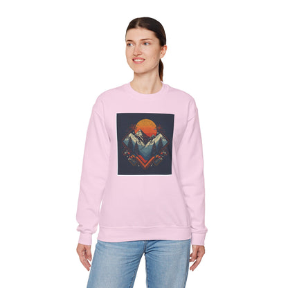 Mountain Sunset Crewneck Sweatshirt — Retro Geometric Peaks Graphic