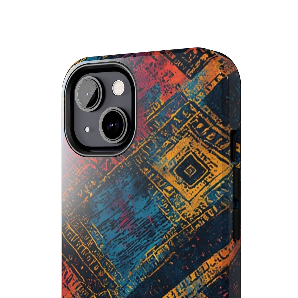 Tough Phone Case – Abstract Rustic Geometric Design (Blue, Orange, Magenta)