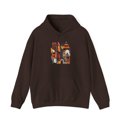Cityscape Collage Hoodie — Colorful Urban Architecture Graphic Hoodie