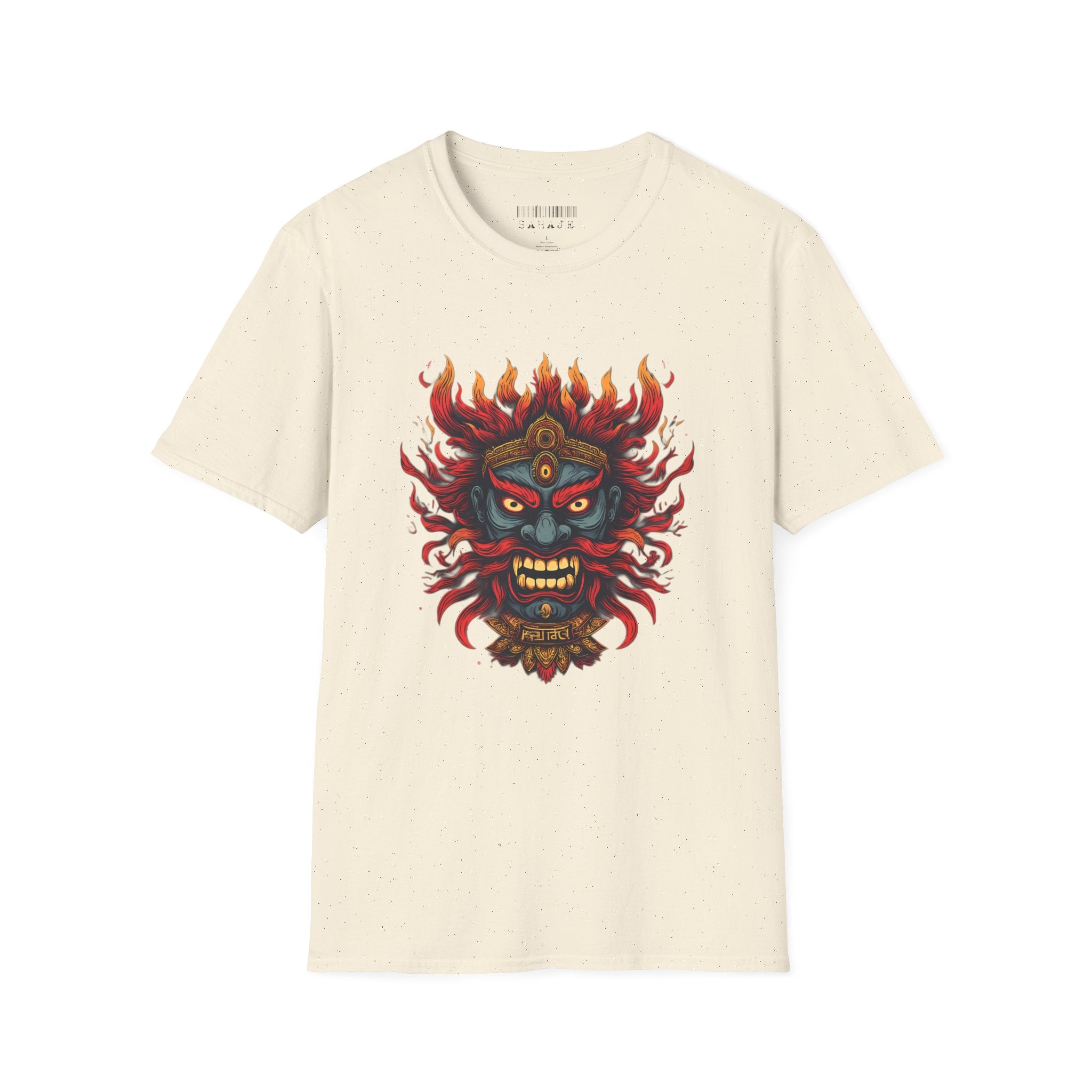 Flaming Demon Mask T-Shirt — Fierce Tattoo-Style Graphic Tee