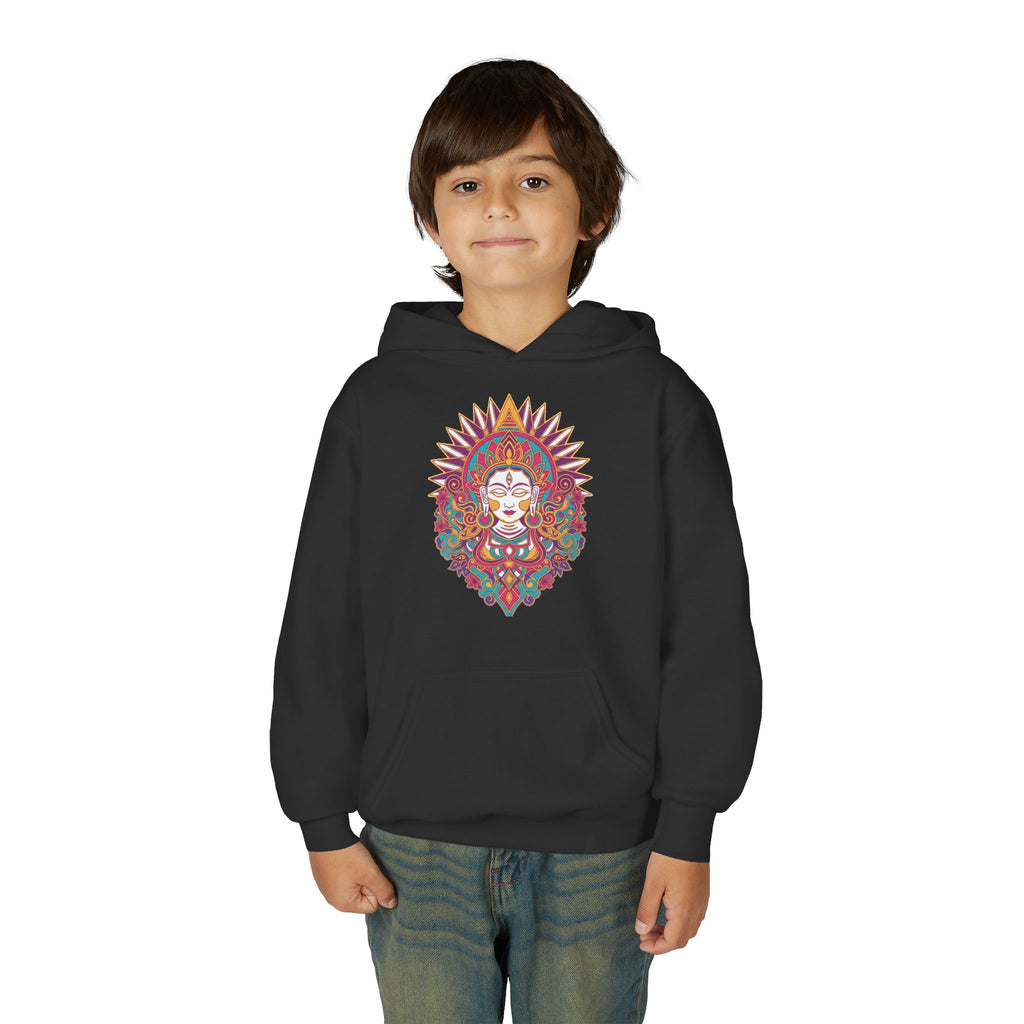 Youth Hoodie with Colorful Sugar Skull Goddess Design — Day of the Dead Kids Pullover