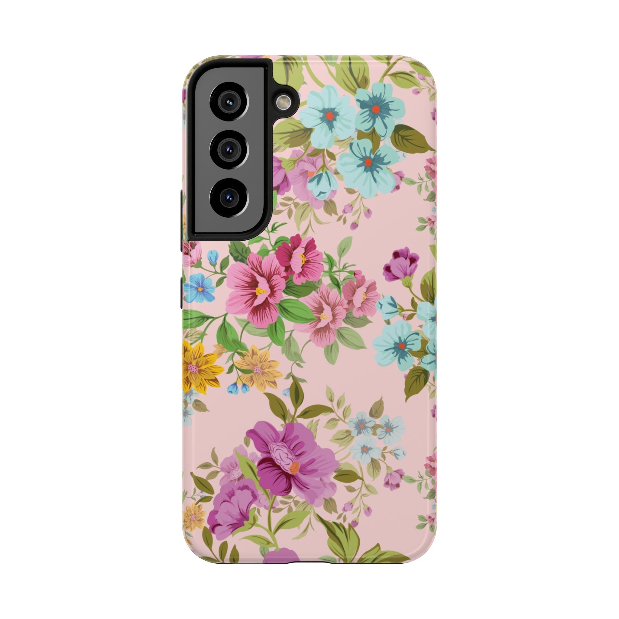 Floral Vintage Tough Phone Case — Pink Rose & Blue Blossom Protective Cover