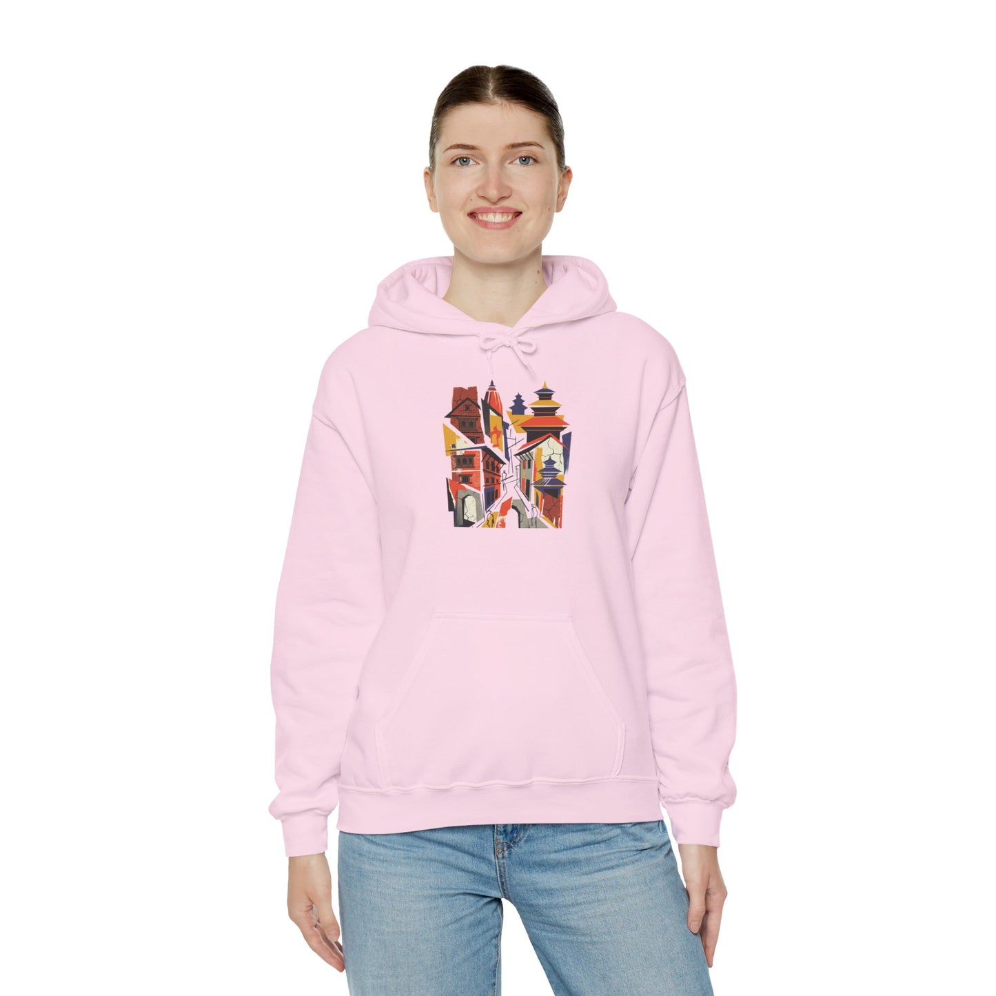 Cityscape Collage Hoodie — Colorful Urban Architecture Graphic Hoodie