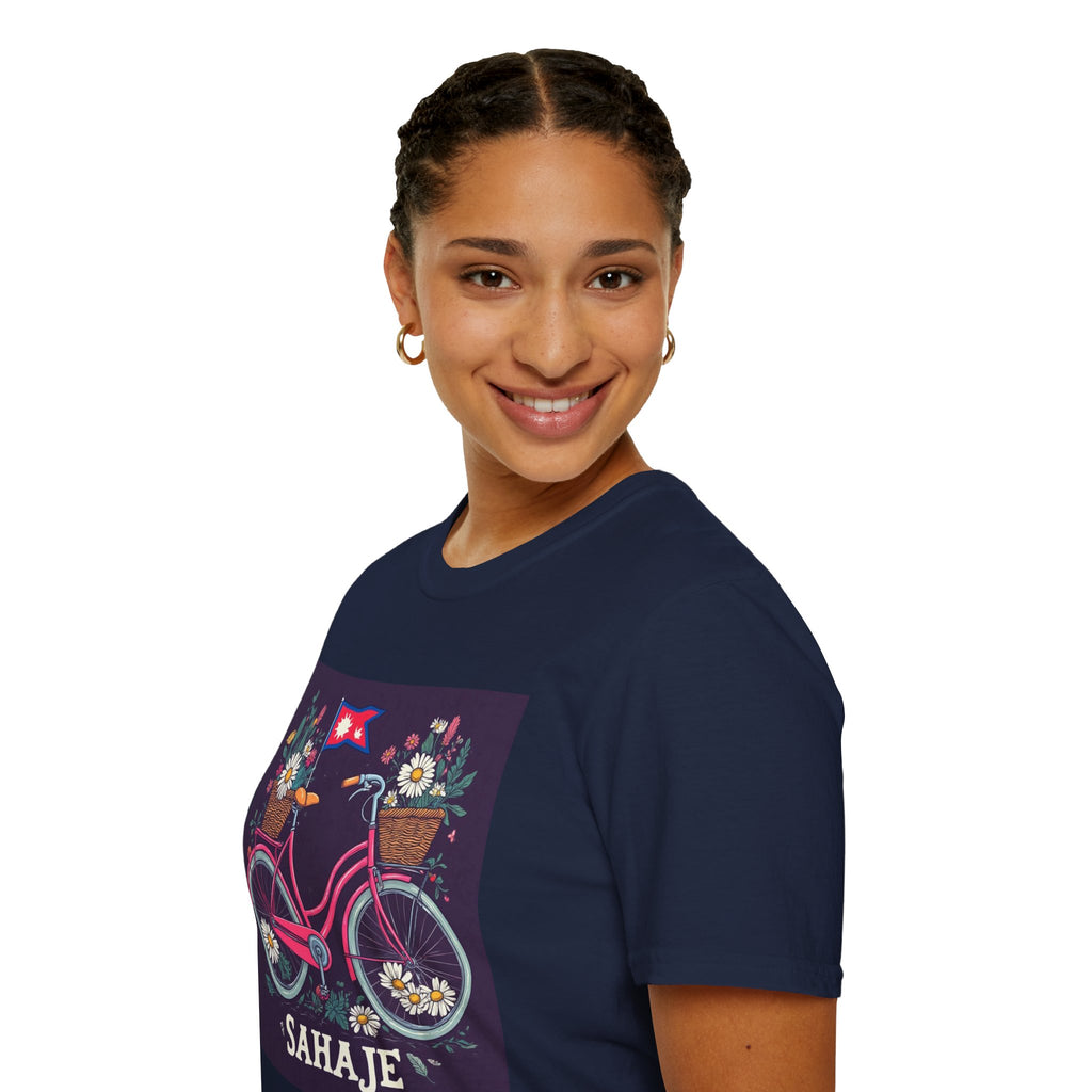 Bicycle Floral T-Shirt – Pink Bike with Baskets & "Sahaje" Text