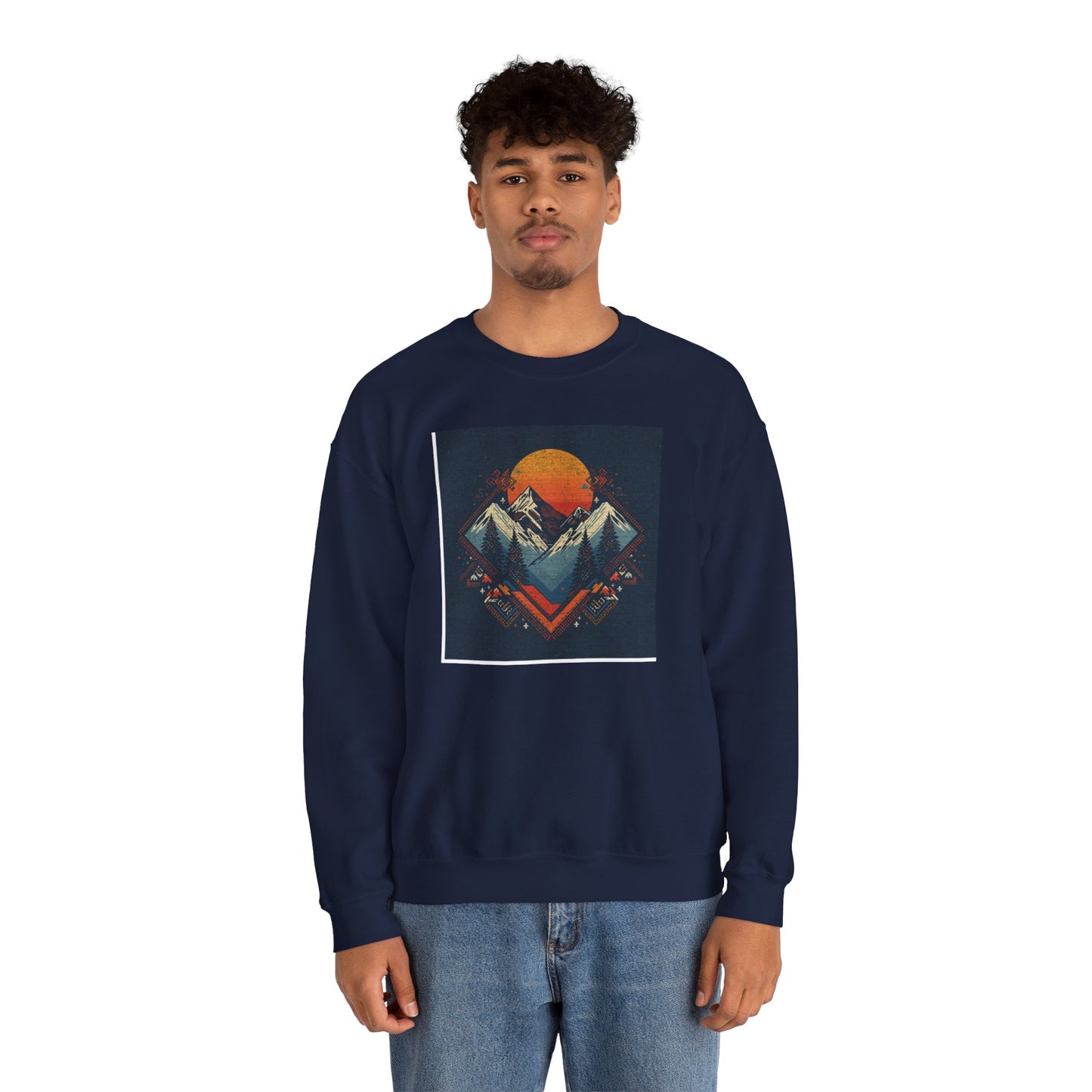 Mountain Sunset Crewneck Sweatshirt — Retro Geometric Peaks Graphic