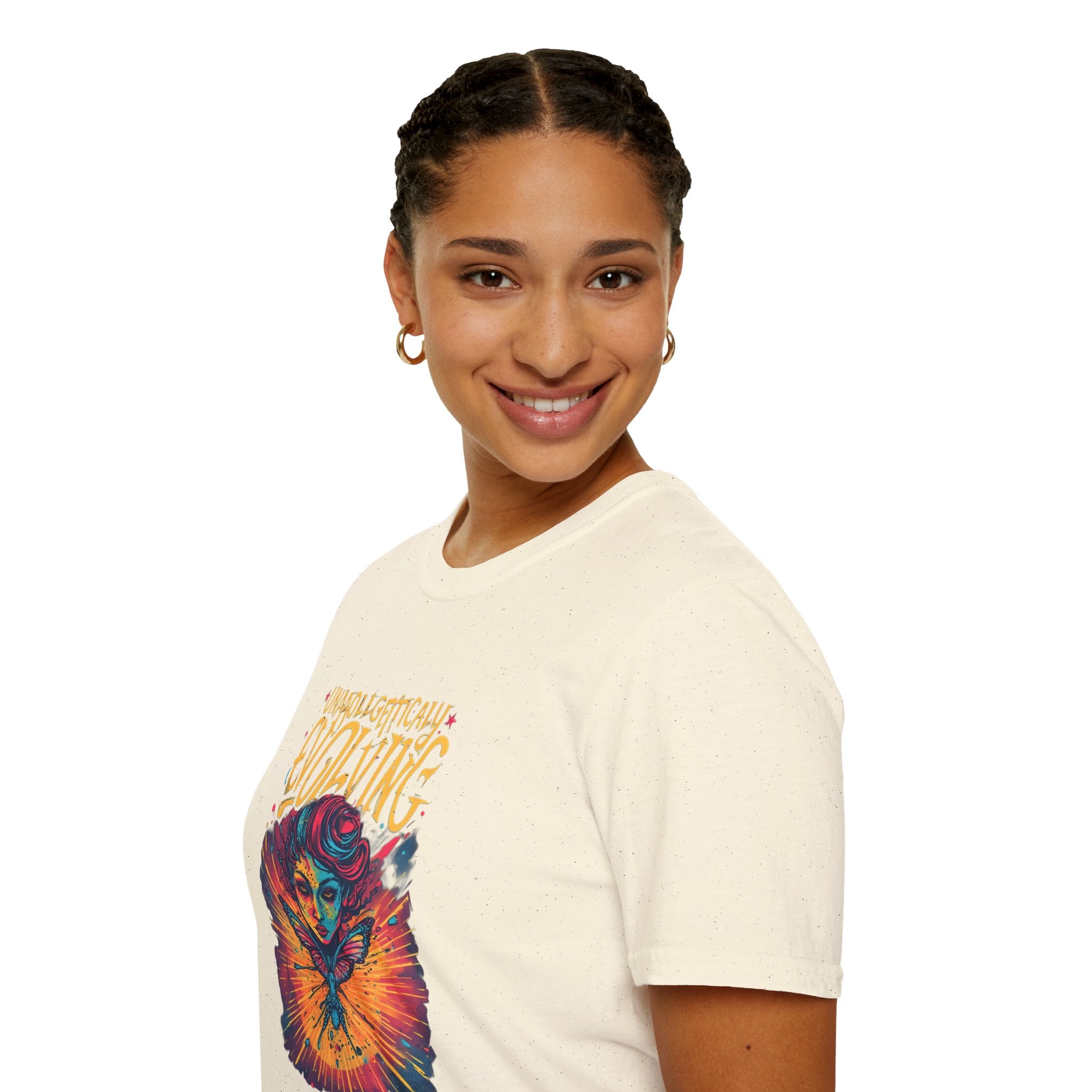 Unapologetically Evolving T-Shirt — Vibrant Butterfly Woman Graphic Tee