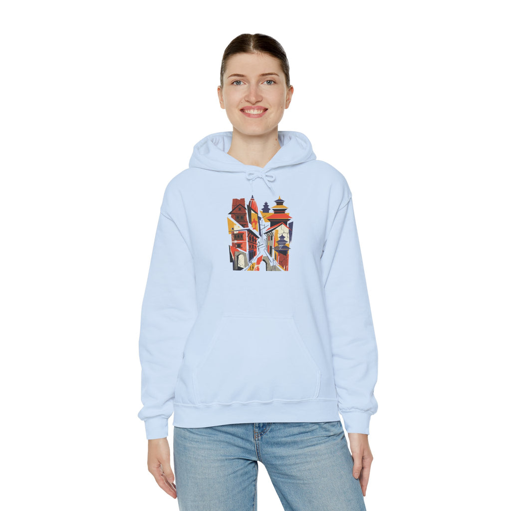 Cityscape Collage Hoodie — Colorful Urban Architecture Graphic Hoodie