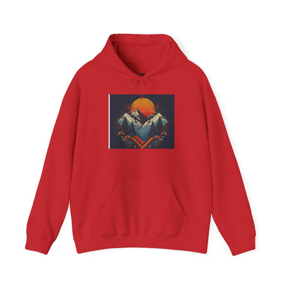 Mountain Sunset Hoodie – Retro Geometric Peaks & Rising Sun Sweatshirt