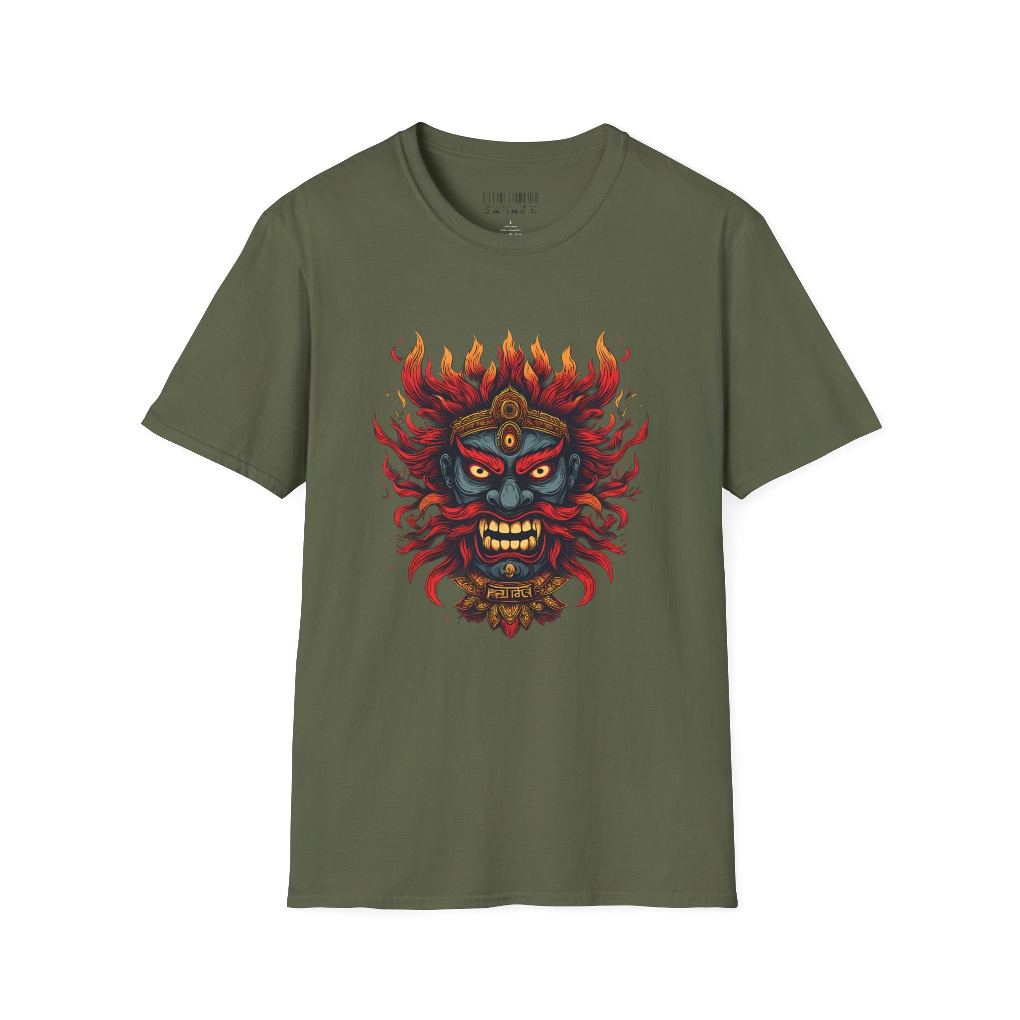 Flaming Demon Mask T-Shirt — Fierce Tattoo-Style Graphic Tee