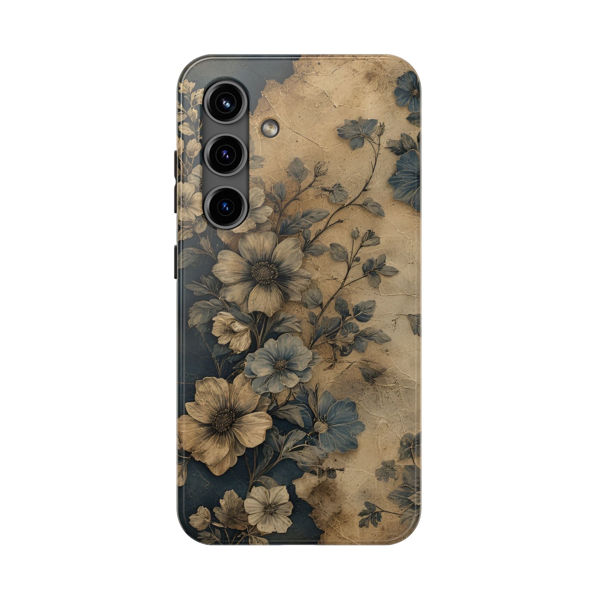 Vintage Floral Tough Phone Case — Antique Beige & Navy Protective Cover