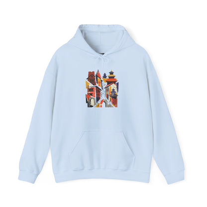 Cityscape Collage Hoodie — Colorful Urban Architecture Graphic Hoodie
