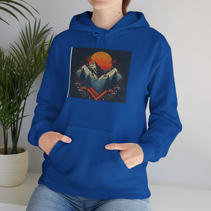 Mountain Sunset Hoodie – Retro Geometric Peaks & Rising Sun Sweatshirt
