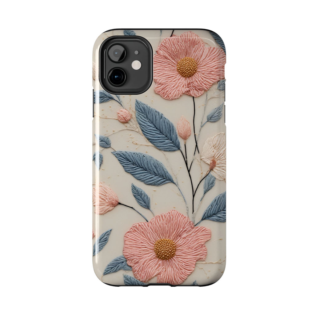 Floral Embroidered Tough Phone Case — Pink Blossom Protective Phone Cover