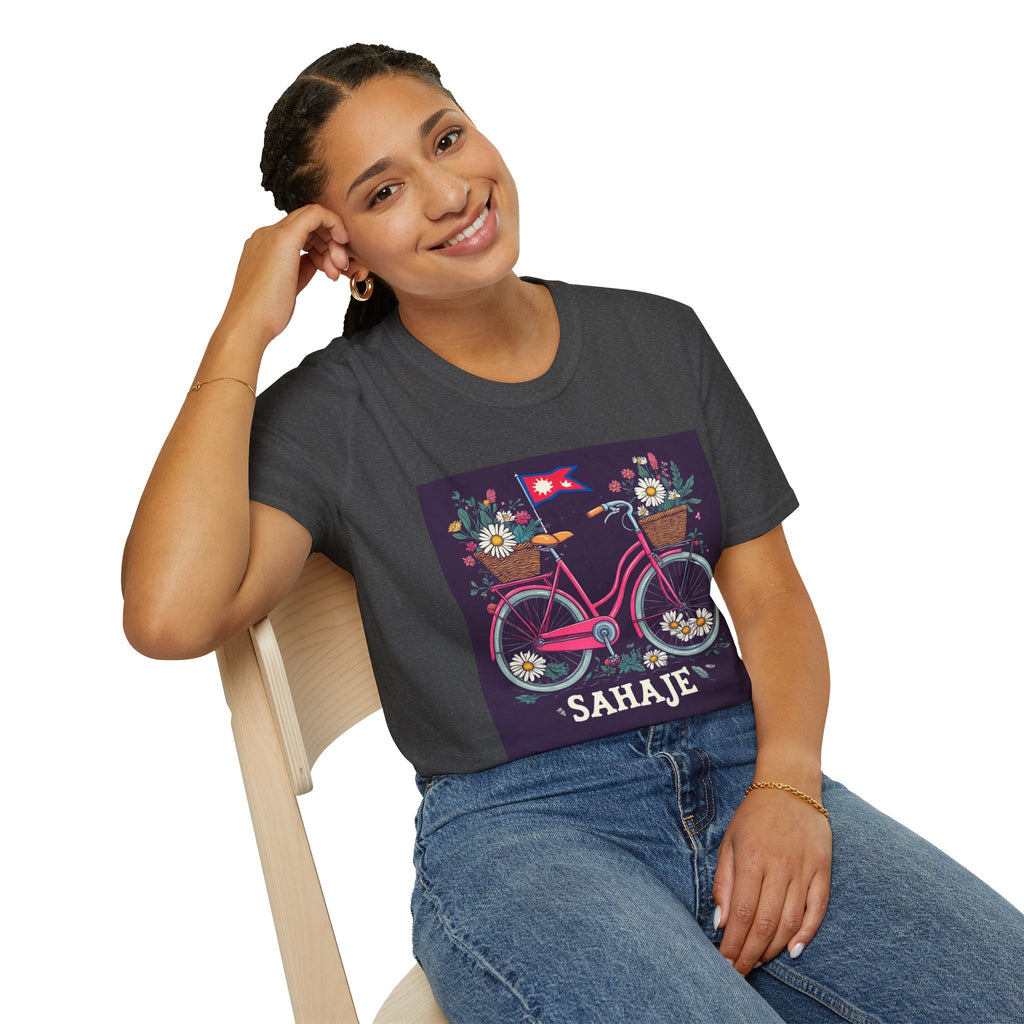 Bicycle Floral T-Shirt – Pink Bike with Baskets & "Sahaje" Text