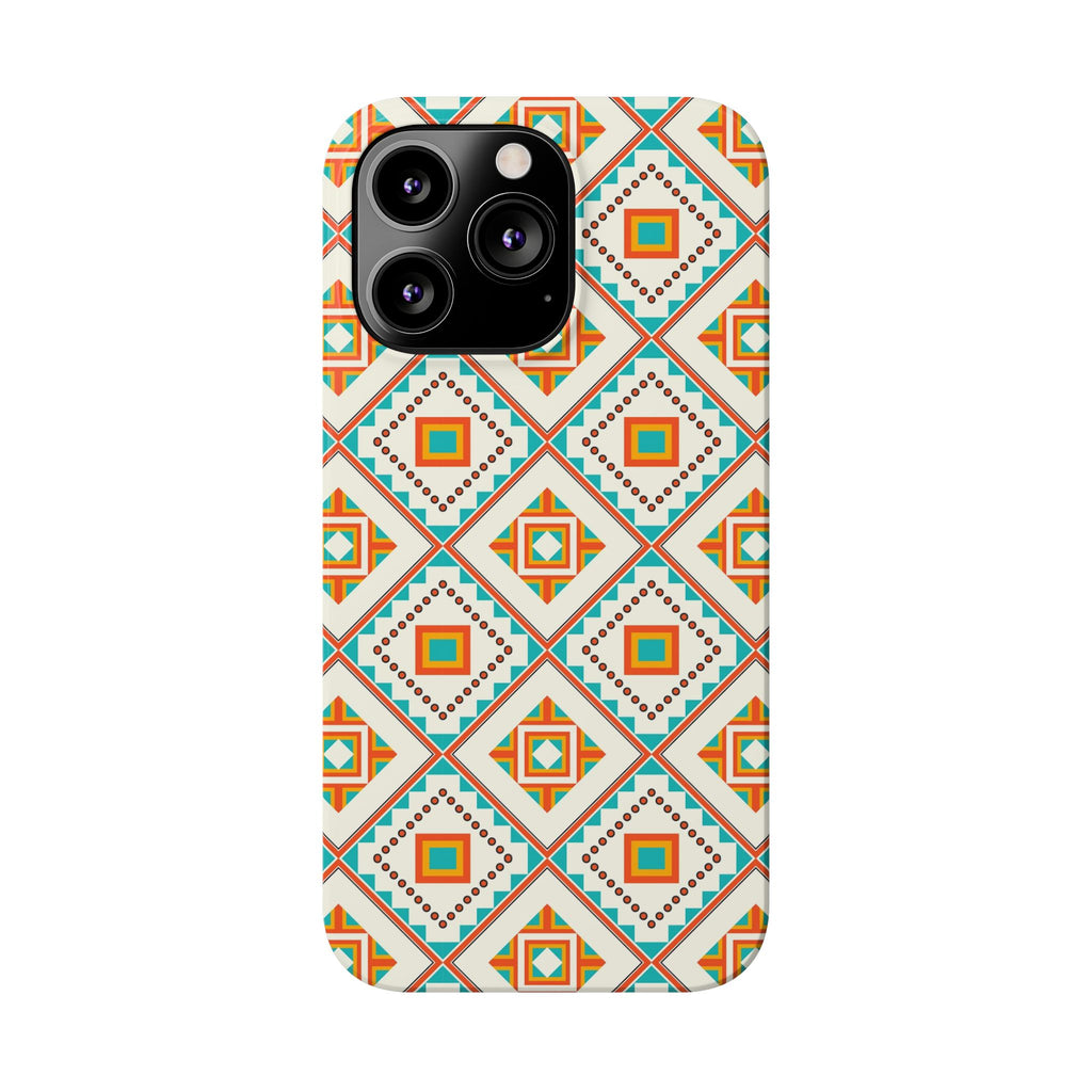 Slim Phone Case — Retro Geometric Tile Pattern (Turquoise & Orange)