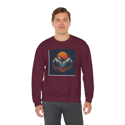 Mountain Sunset Crewneck Sweatshirt — Retro Geometric Peaks Graphic