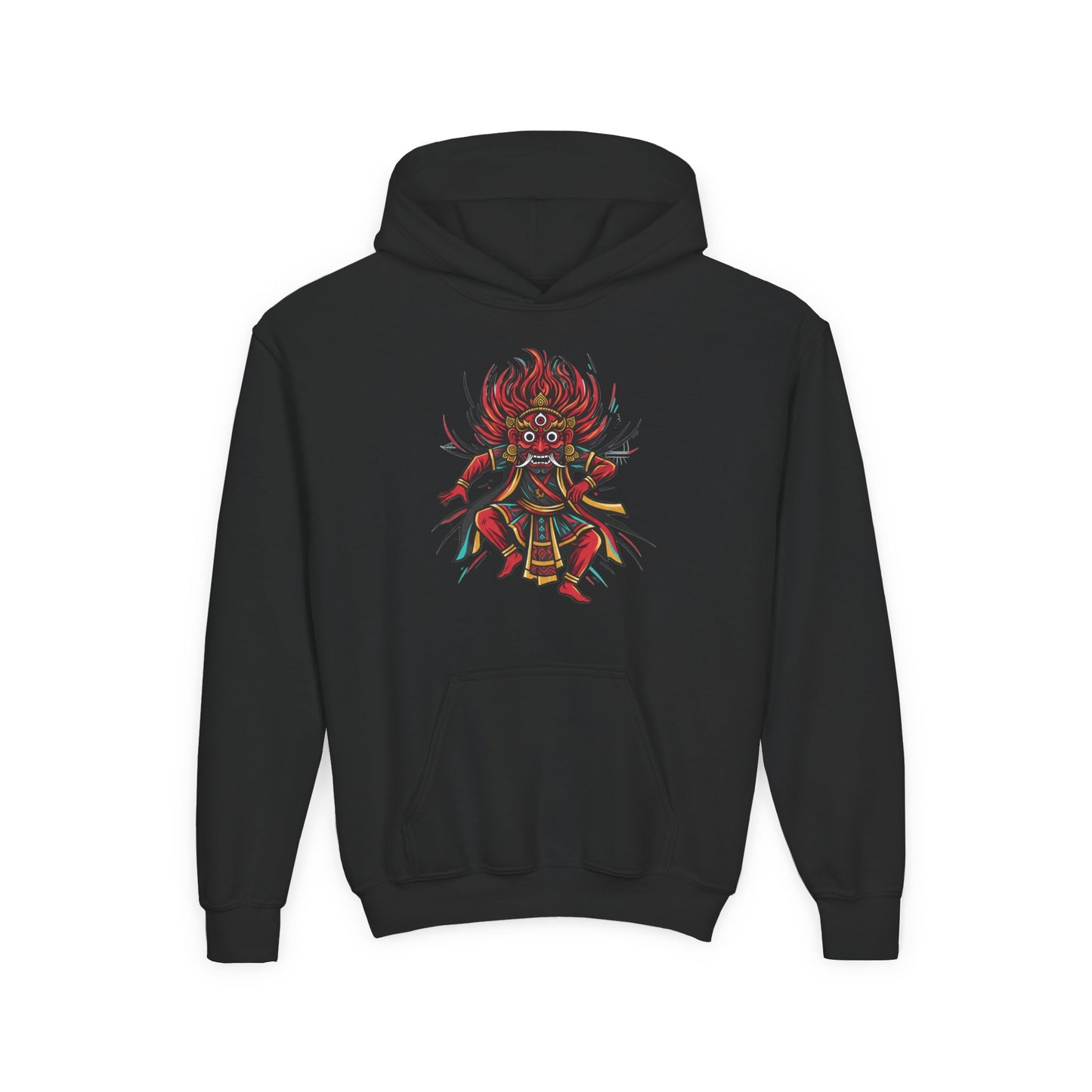 Youth Hoodie — Colorful Mythical Demon Mask Graphic