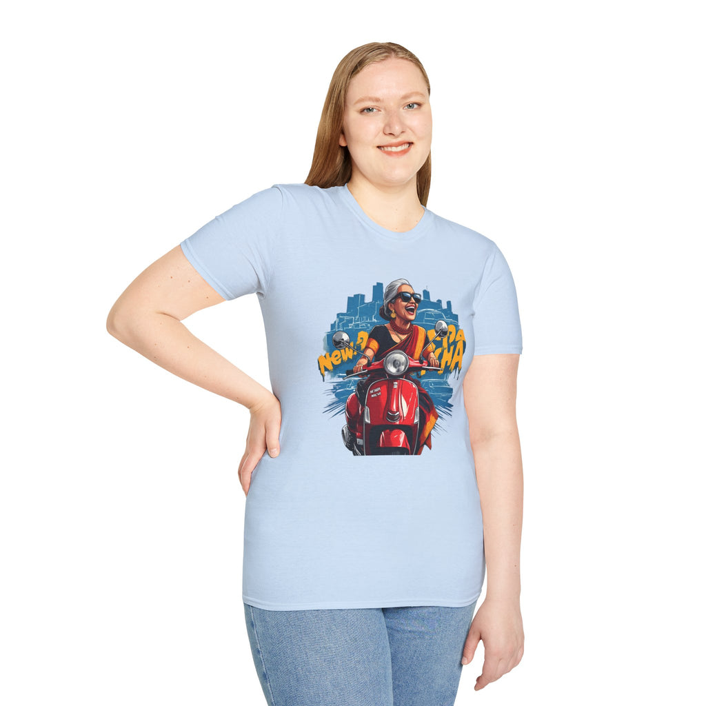 Newa Maicha Riding Scooter T-Shirt – Newari Woman in New York Graphic Tee, Cultural & Urban Design