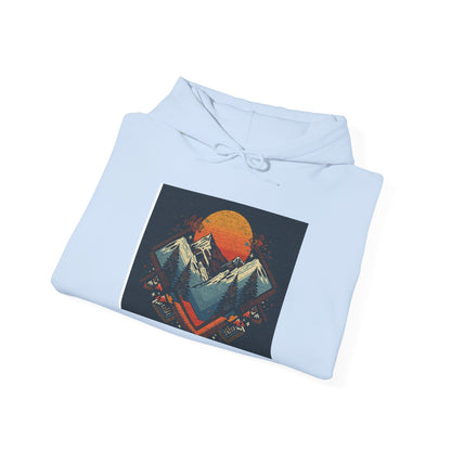 Mountain Sunset Hoodie – Retro Geometric Peaks & Rising Sun Sweatshirt