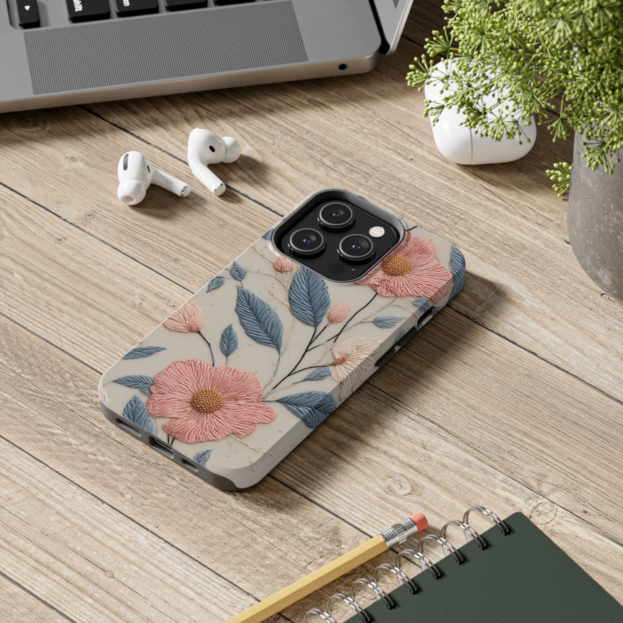 Floral Embroidered Tough Phone Case — Pink Blossom Protective Phone Cover