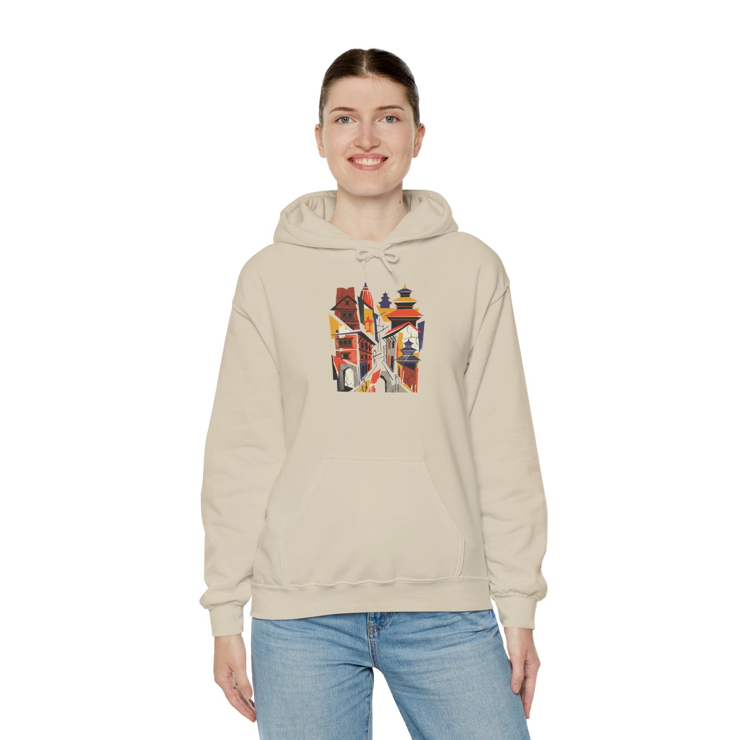 Cityscape Collage Hoodie — Colorful Urban Architecture Graphic Hoodie