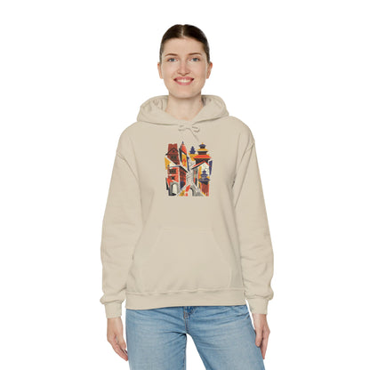 Cityscape Collage Hoodie — Colorful Urban Architecture Graphic Hoodie