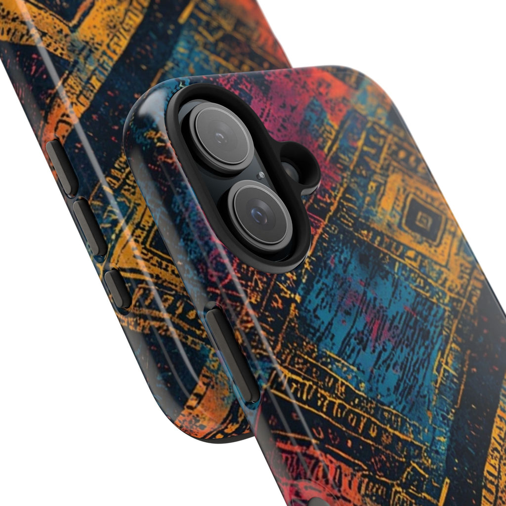 Tough Phone Case – Abstract Rustic Geometric Design (Blue, Orange, Magenta)