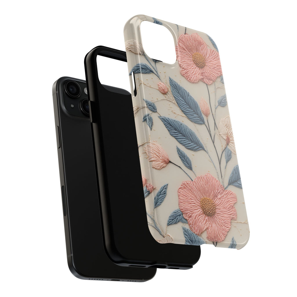 Floral Embroidered Tough Phone Case — Pink Blossom Protective Phone Cover