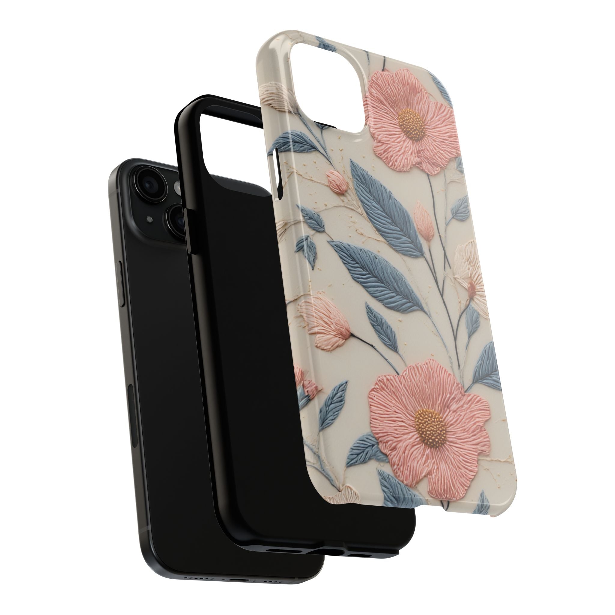 Floral Embroidered Tough Phone Case — Pink Blossom Protective Phone Cover