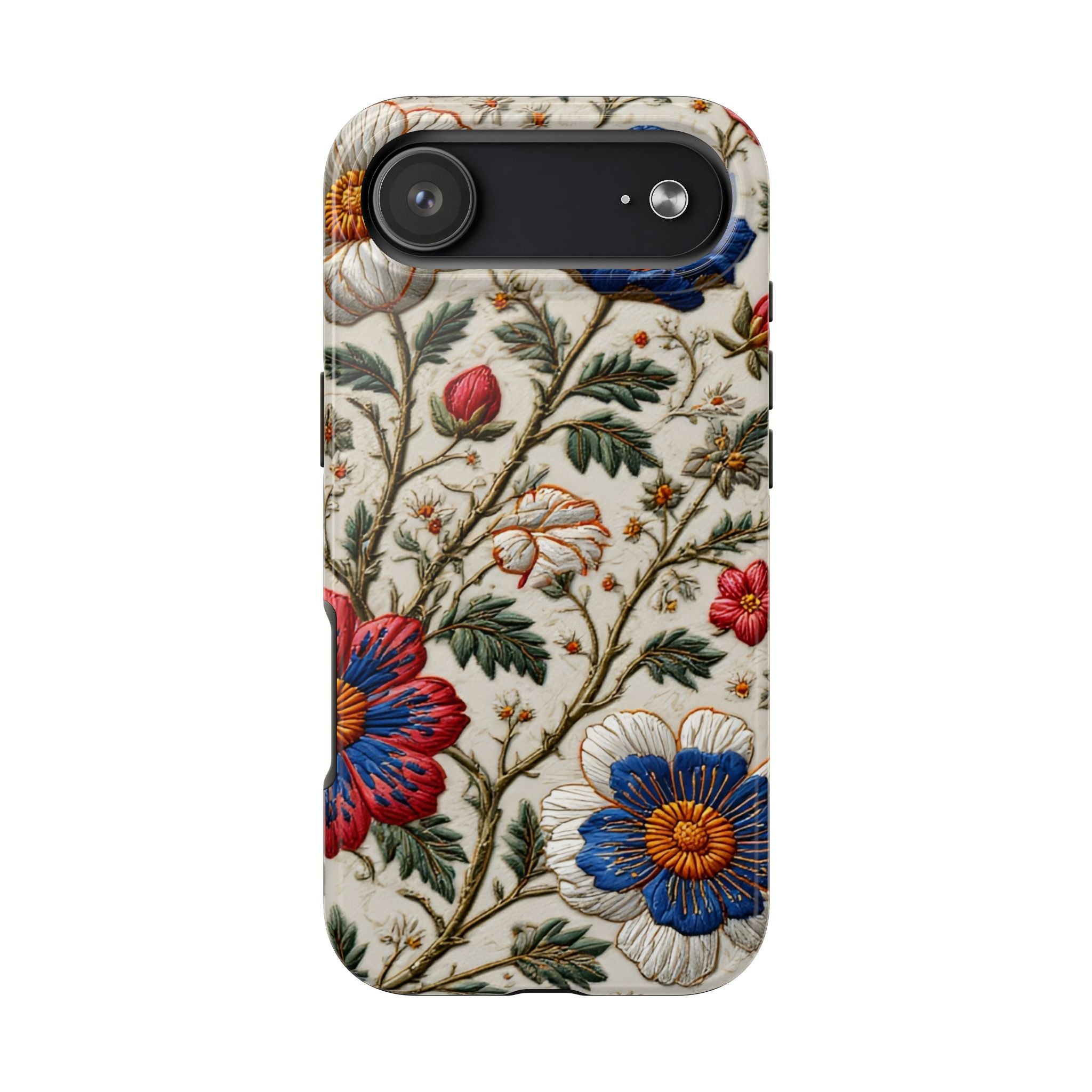 Floral Embroidery Tough Phone Case — Vintage Blue & Red Garden Design