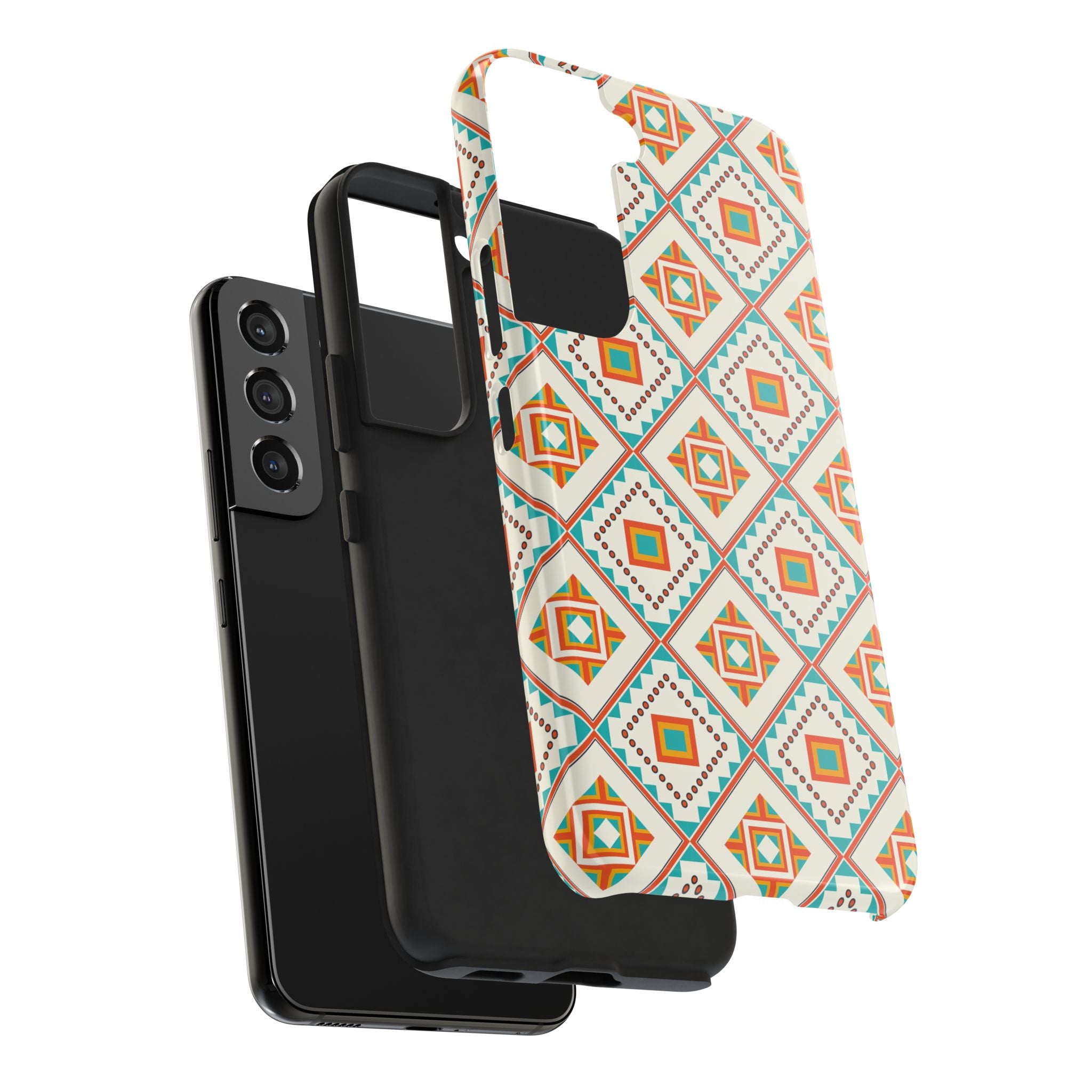 Tough Phone Case — Geometric Retro Tile Pattern, Orange & Teal Protective Cover