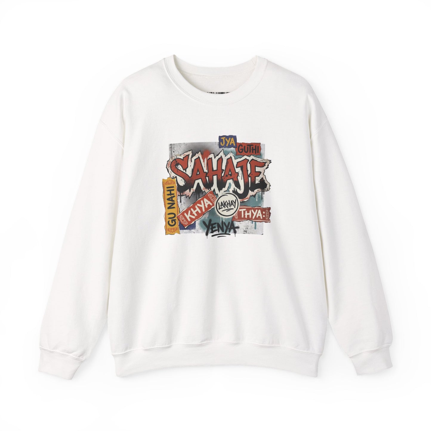 Crewneck Sweatshirt — 'Sahaje' Vintage Sticker Collage Graphic