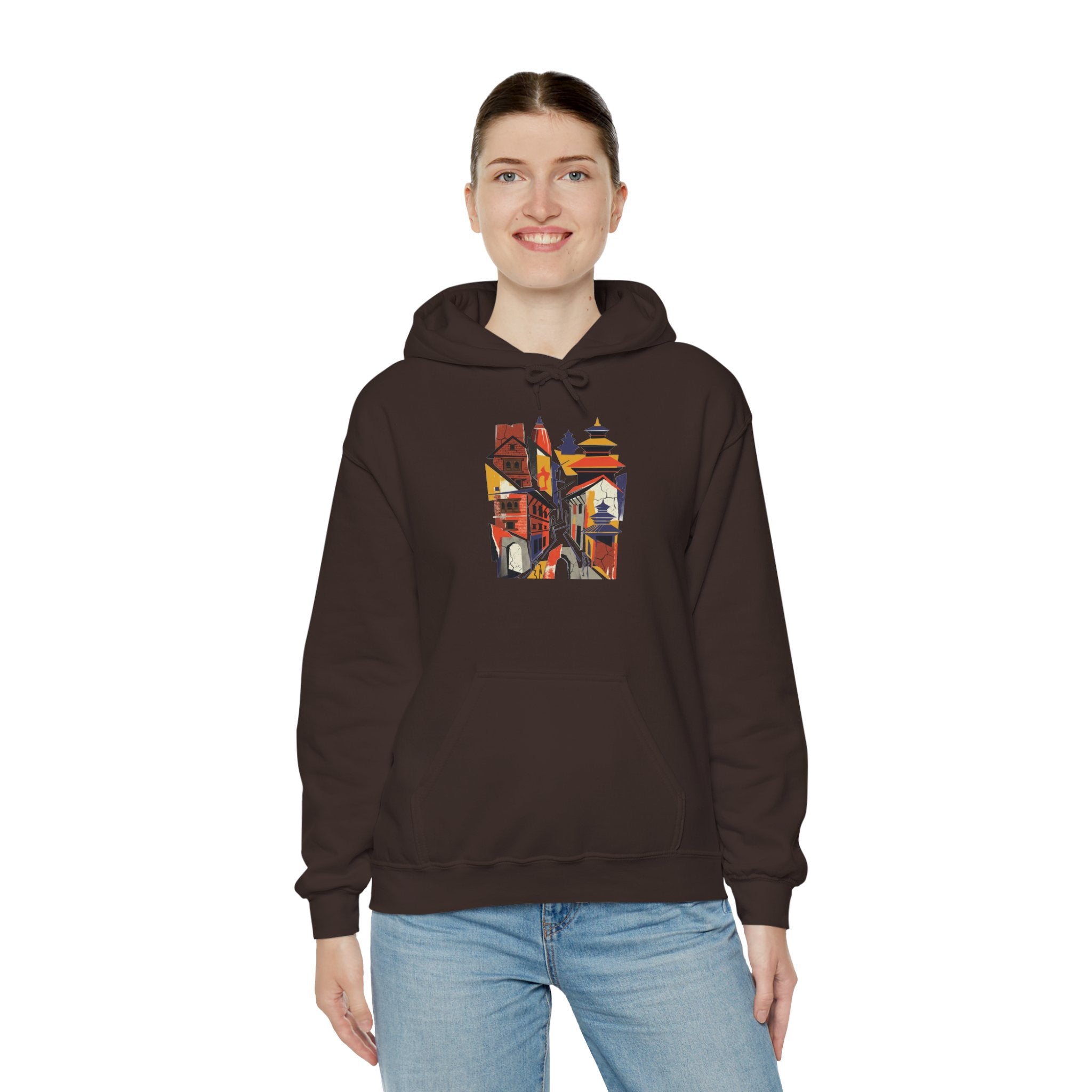 Cityscape Collage Hoodie — Colorful Urban Architecture Graphic Hoodie