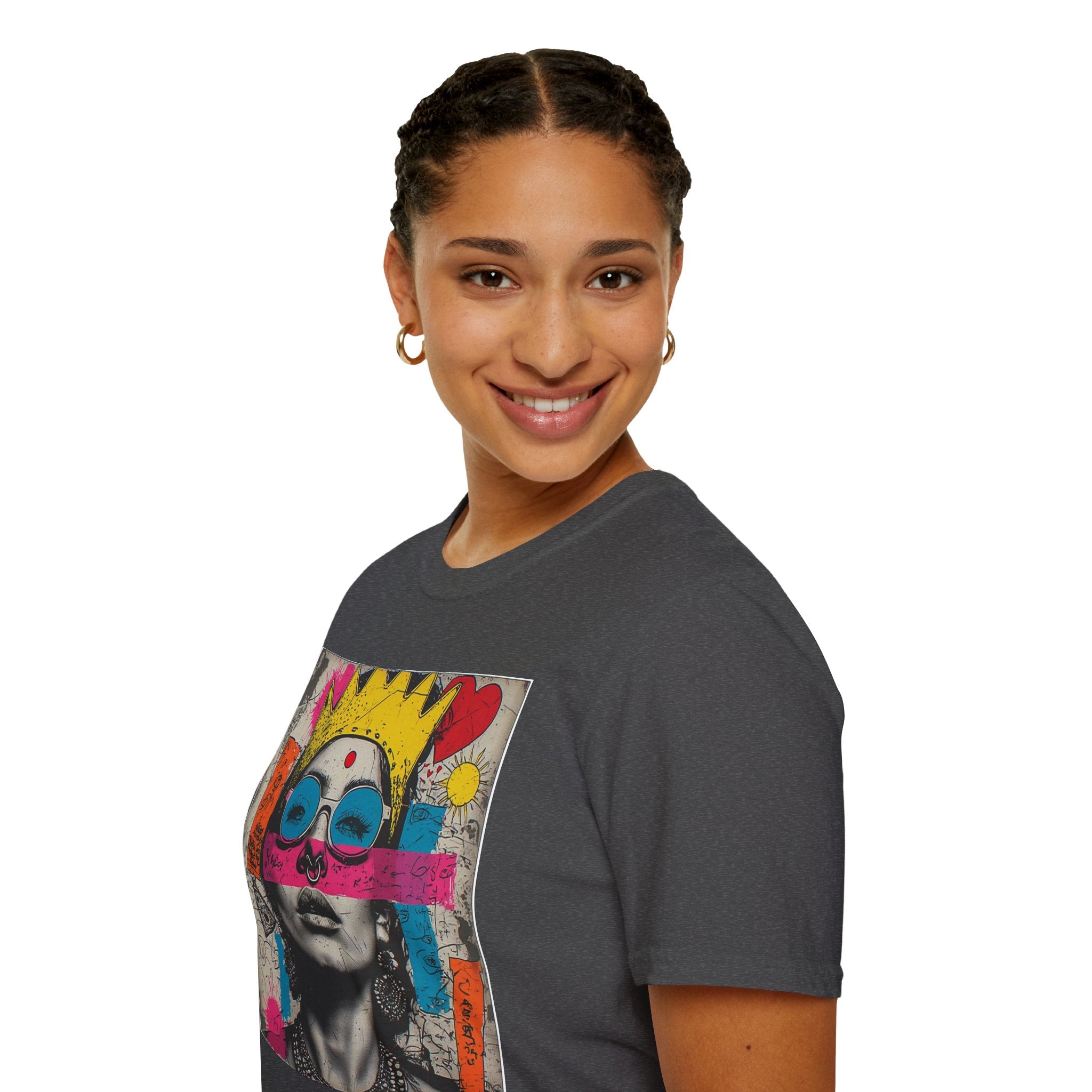 Abstract Pop Art Portrait T-Shirt — Neon Crown & Sunglasses Graphic