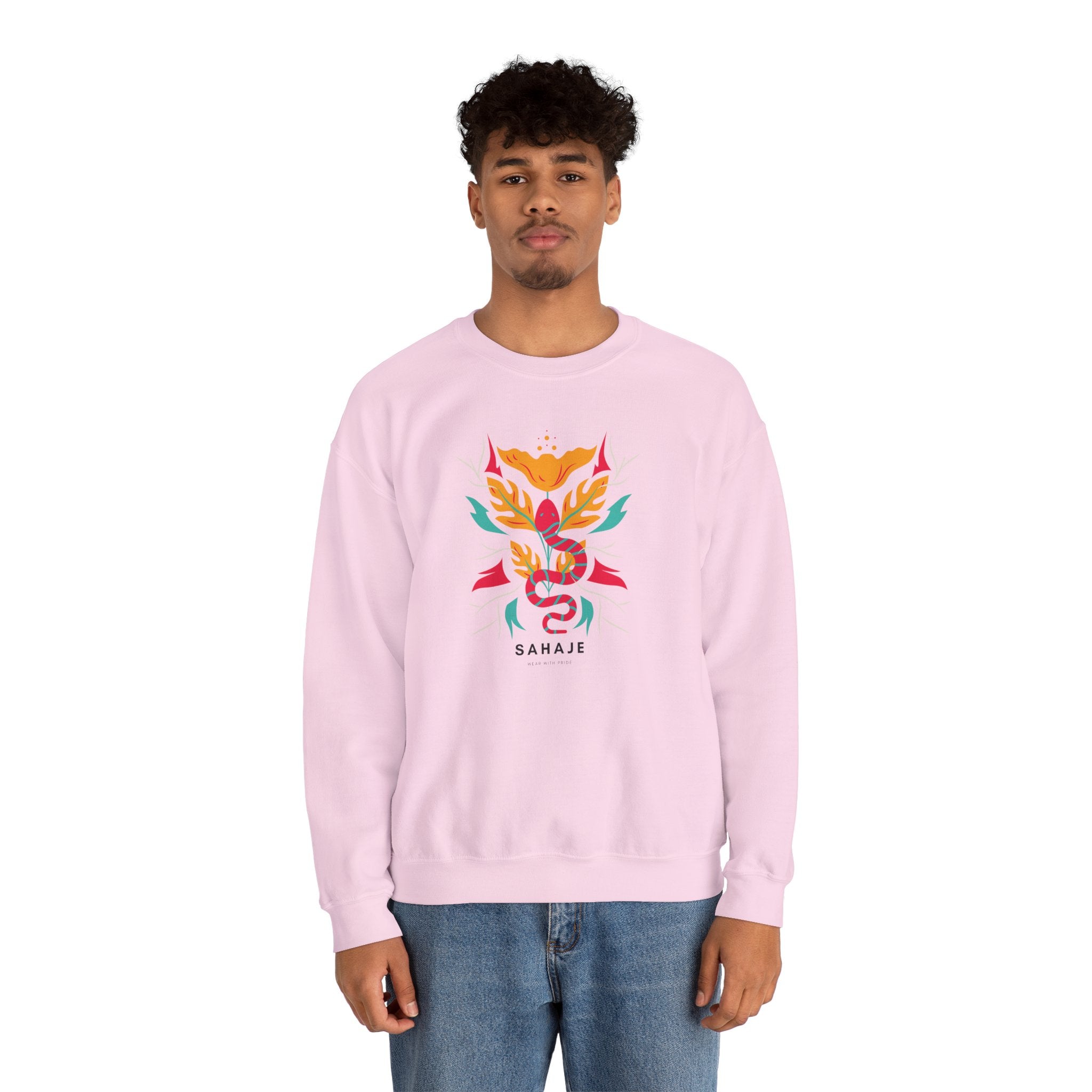 Sahajé Floral Snake Crewneck Sweatshirt — Colorful Botanical Serpent Graphic