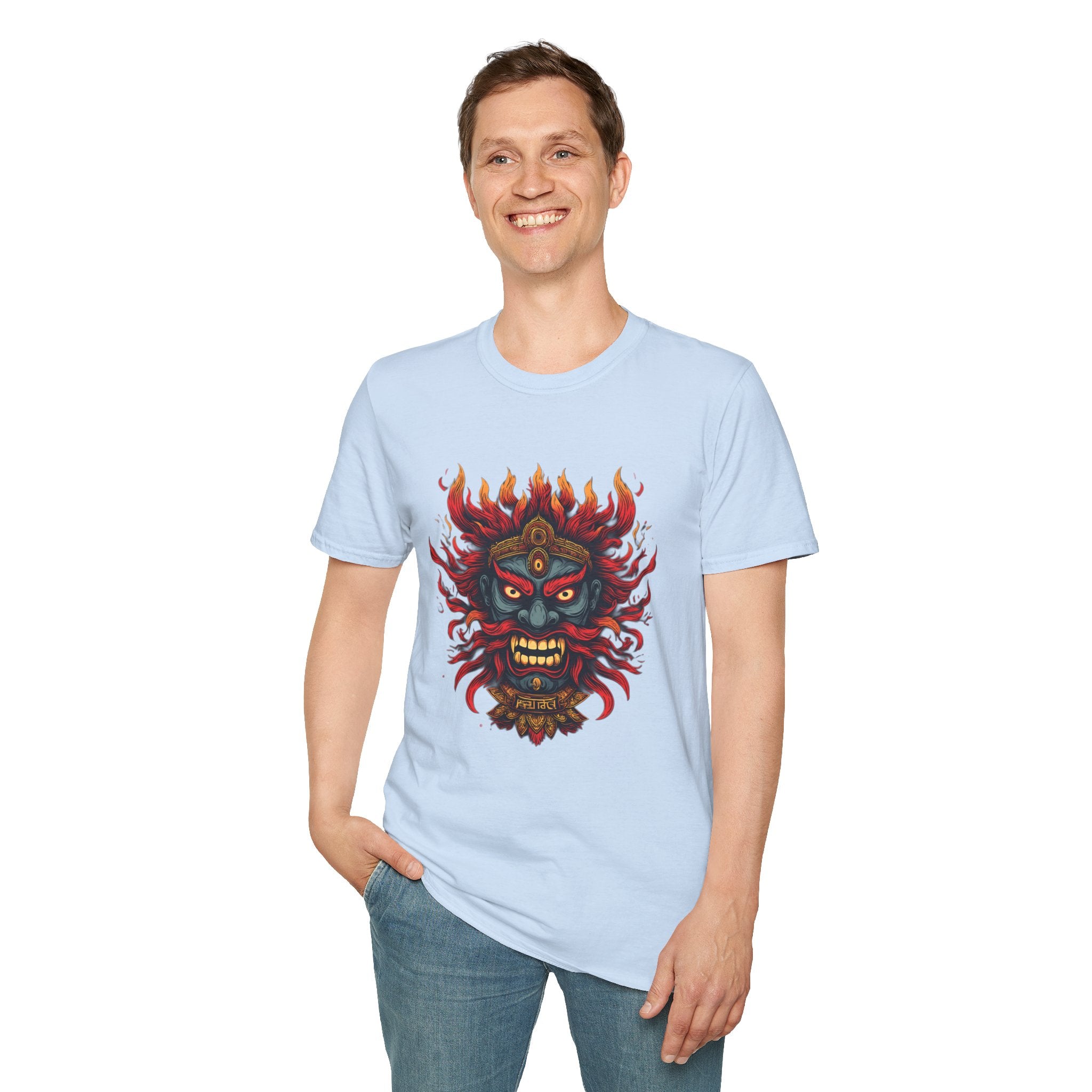 Flaming Demon Mask T-Shirt — Fierce Tattoo-Style Graphic Tee