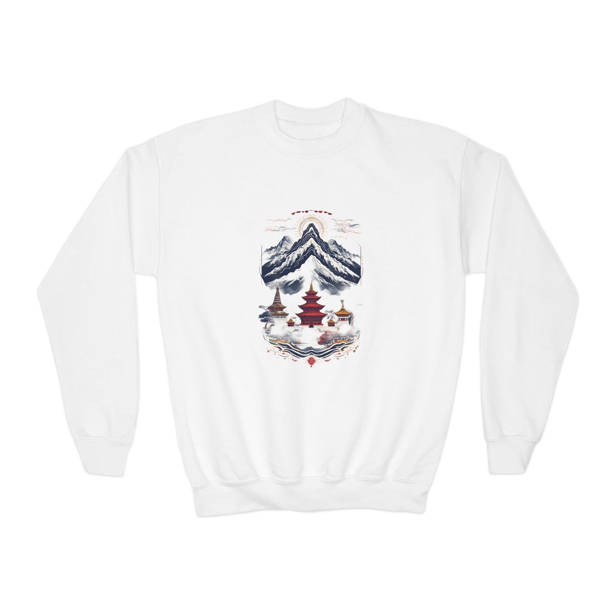 Youth Mountain Holiday Crewneck Sweatshirt — Cozy Winter Tree Graphic
