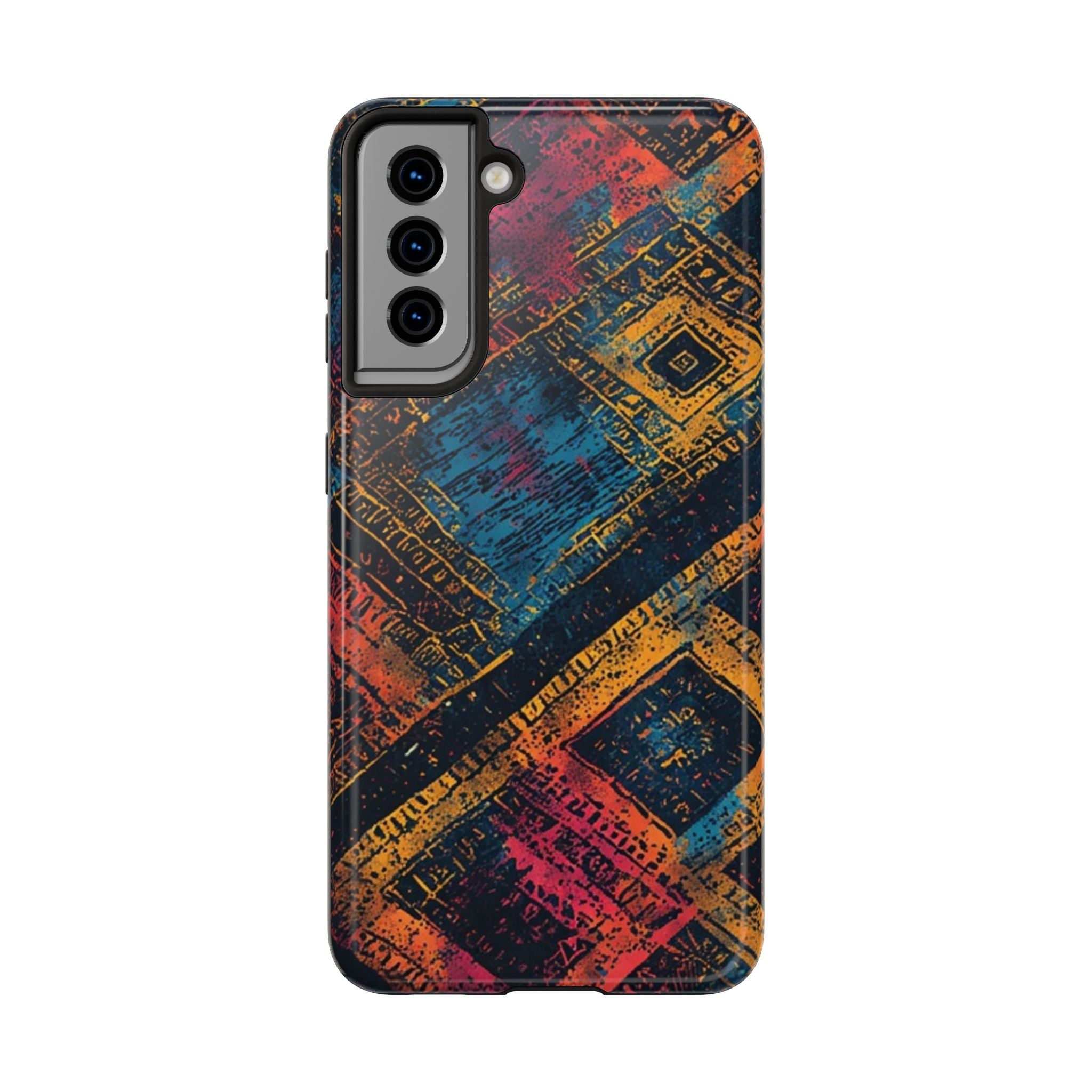 Tough Phone Case – Abstract Rustic Geometric Design (Blue, Orange, Magenta)
