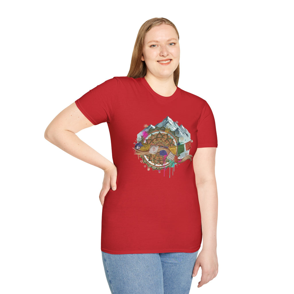 Adventure Compass T-Shirt — Mountain Compass with Prayer Flags & Colorful Globe