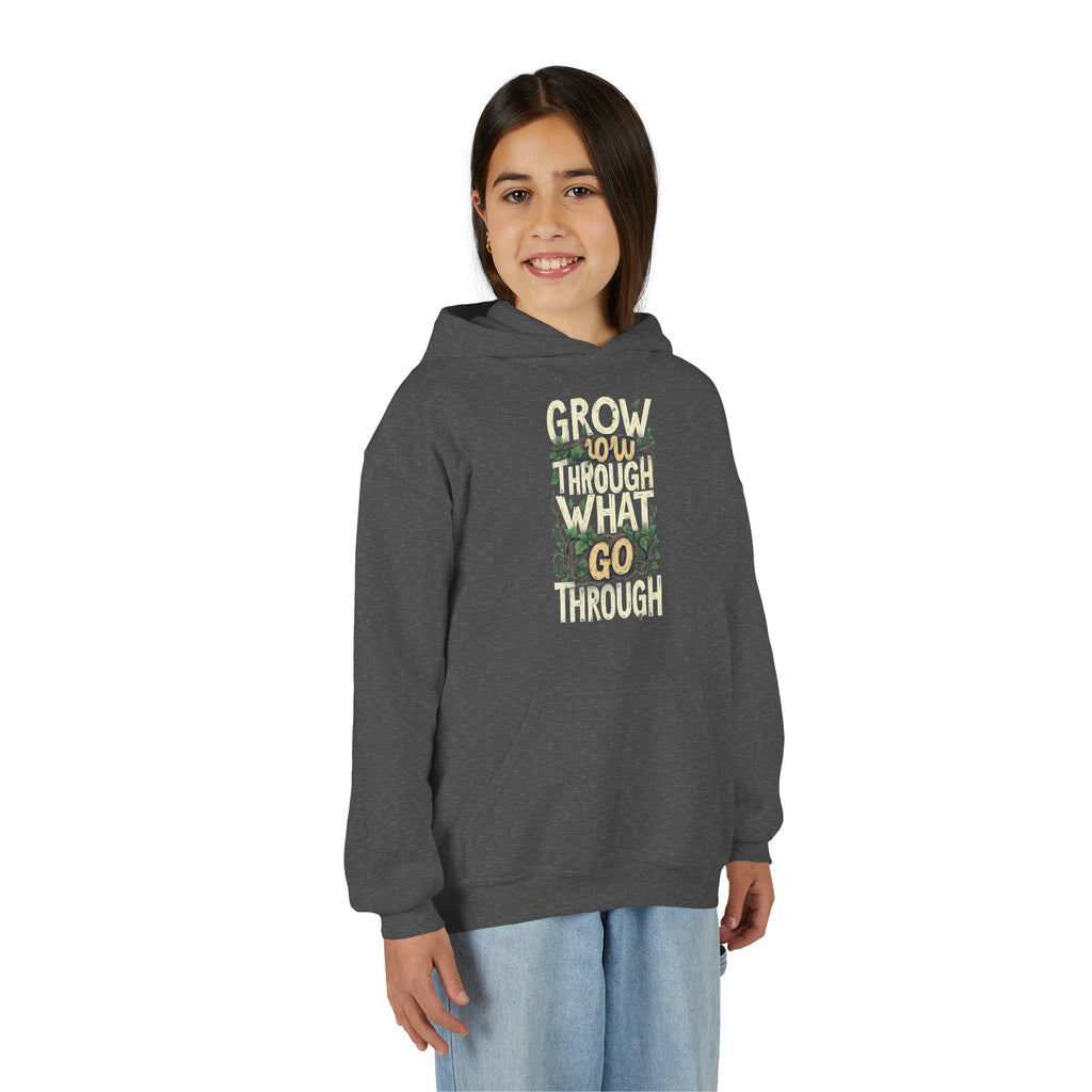 Youth Hoodie — 'Grow Slow, Go Through' Floral Motivational Hooded Sweatshirt