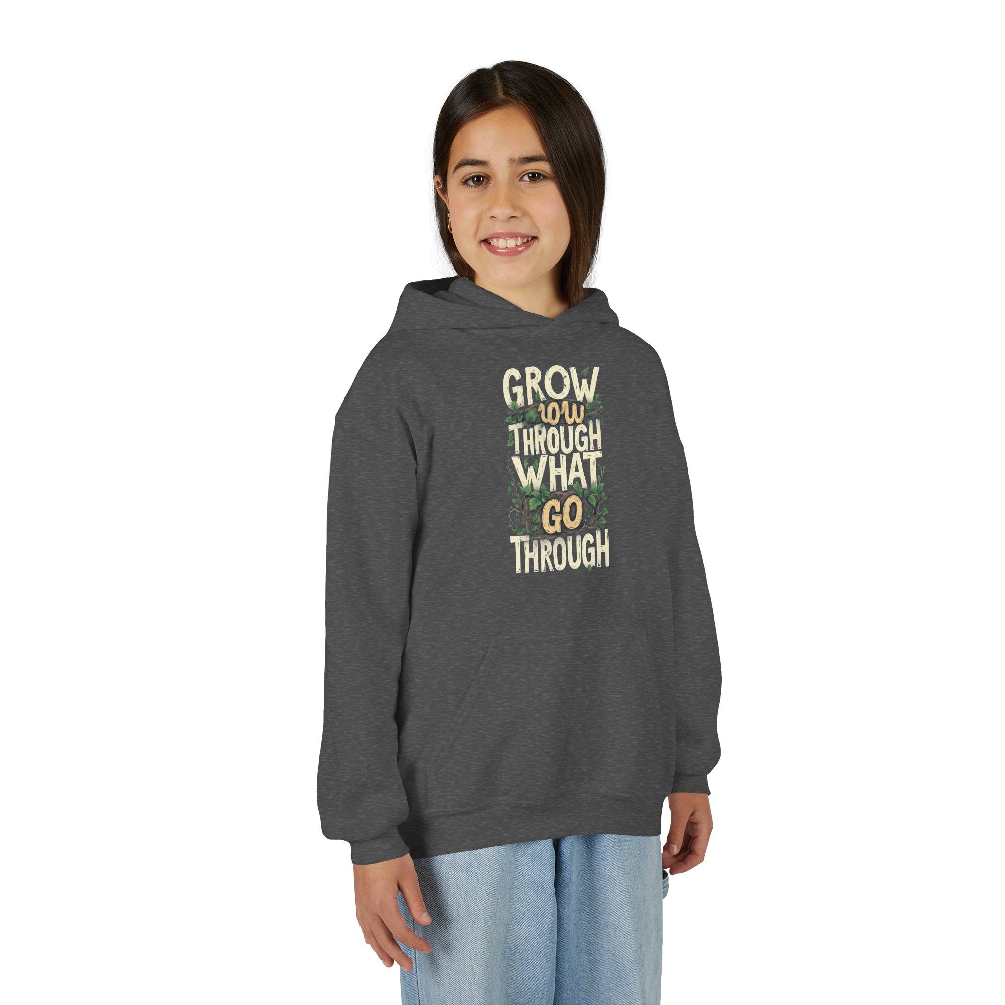 Youth Hoodie — 'Grow Slow, Go Through' Floral Motivational Hooded Sweatshirt