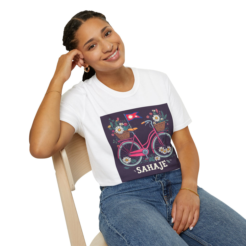 Bicycle Floral T-Shirt – Pink Bike with Baskets & "Sahaje" Text