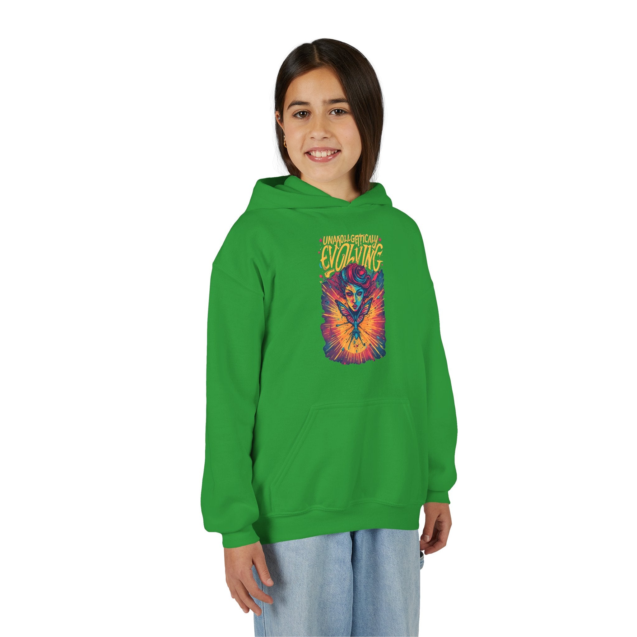 Youth Hoodie — Vibrant 'Evolving' Butterfly Girl Graphic Sweatshirt