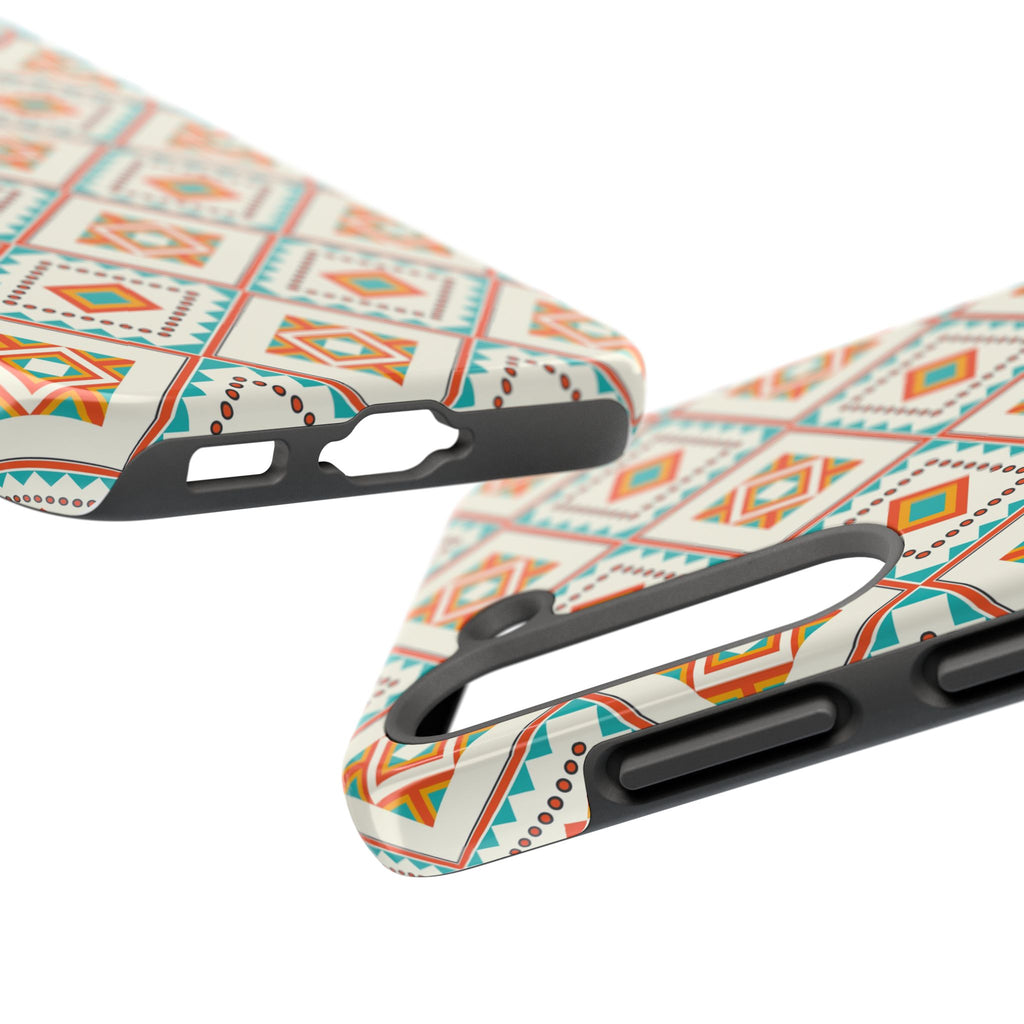 Tough Phone Case — Geometric Retro Tile Pattern, Orange & Teal Protective Cover